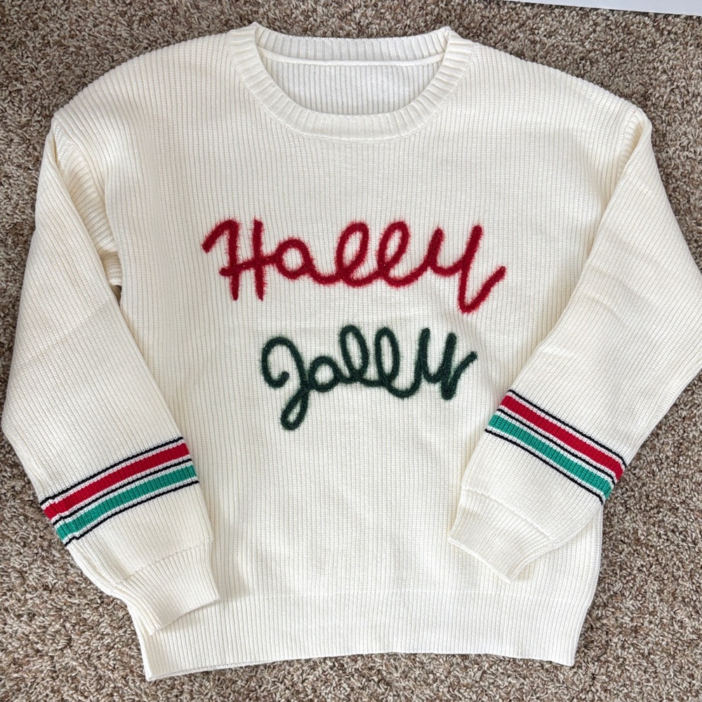 Ivory Holiday Holly Jolly Sweater with Red and Green Accents size large EUC
